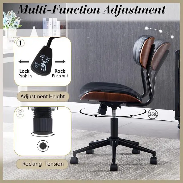 Alt view image 3 of 6 - Modern Walnut Home Office Chair,Adjustable Height Desk Chair with Wheels,Armless Computer Chair for Office, Reading Meeting Room, Black