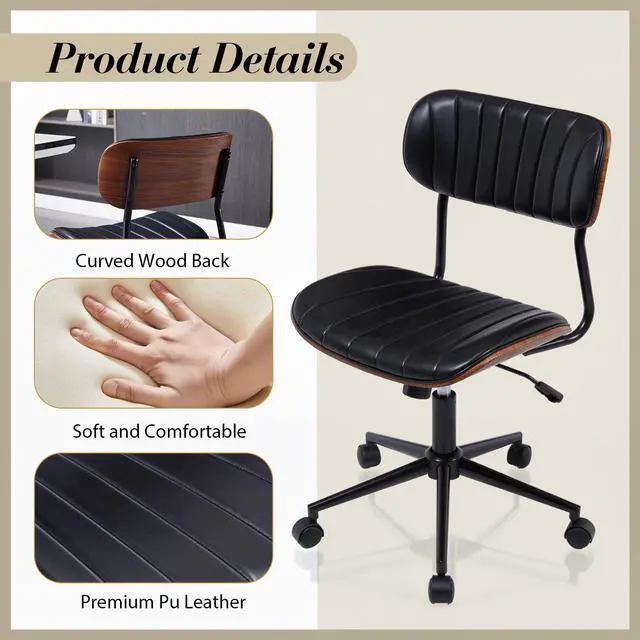 Alt view image 4 of 6 - Modern Walnut Home Office Chair,Adjustable Height Desk Chair with Wheels,Armless Computer Chair for Office, Reading Meeting Room, Black