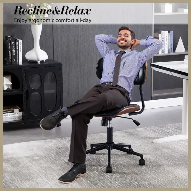 Alt view image 6 of 6 - Modern Walnut Home Office Chair,Adjustable Height Desk Chair with Wheels,Armless Computer Chair for Office, Reading Meeting Room, Black