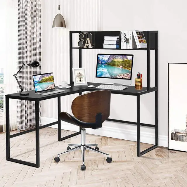 Alt view image 2 of 6 - Reversible L-Shaped Desk with Hutch, Space Saving Corner Computer Desk with Storage Shelves, Home Office Study Writing Desk Computer Workstation with Storage Bookshelf, Gaming Desk