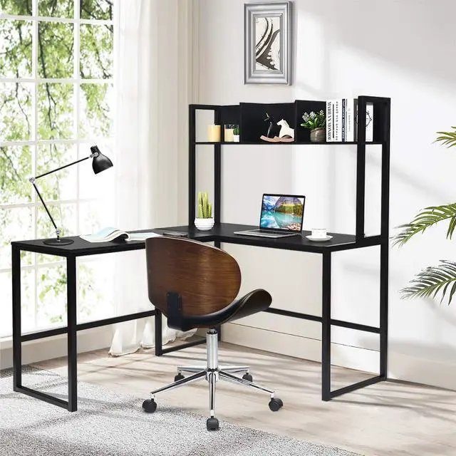 Alt view image 4 of 6 - Reversible L-Shaped Desk with Hutch, Space Saving Corner Computer Desk with Storage Shelves, Home Office Study Writing Desk Computer Workstation with Storage Bookshelf, Gaming Desk