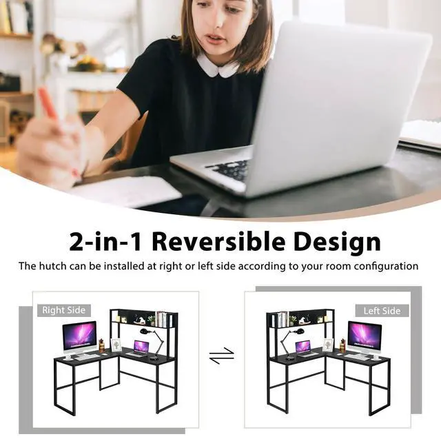 Alt view image 6 of 6 - Reversible L-Shaped Desk with Hutch, Space Saving Corner Computer Desk with Storage Shelves, Home Office Study Writing Desk Computer Workstation with Storage Bookshelf, Gaming Desk