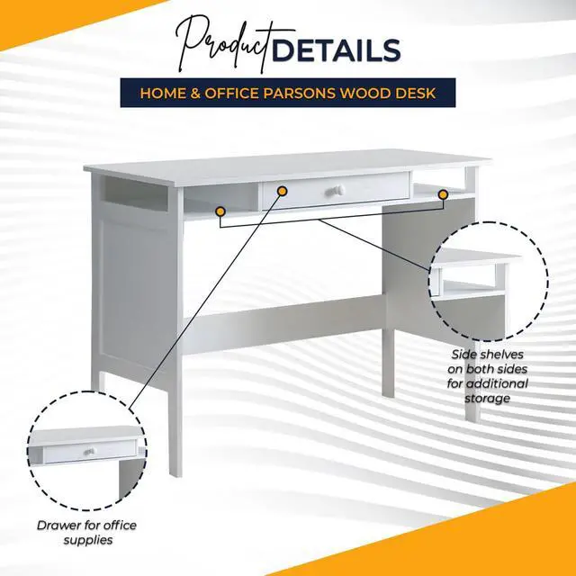 Alt view image 3 of 6 - Home & Office Parsons Wood Desk with Drawer, White