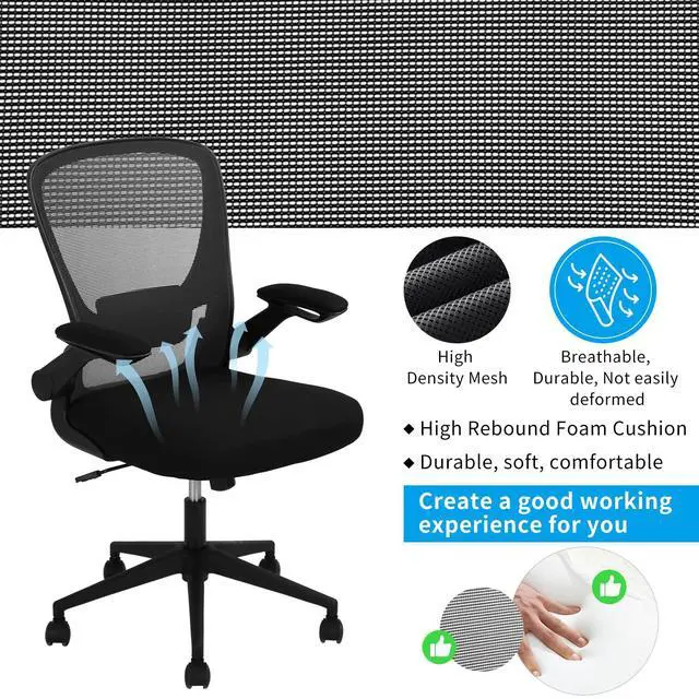 Alt view image 4 of 6 - Ergonomic Office Chair Mid-Back Desk Chair Mesh Computer Chair with Lumbar Support and Flip-up Armrests Adjustable Height Swivel Task Chair for Home Office, Black