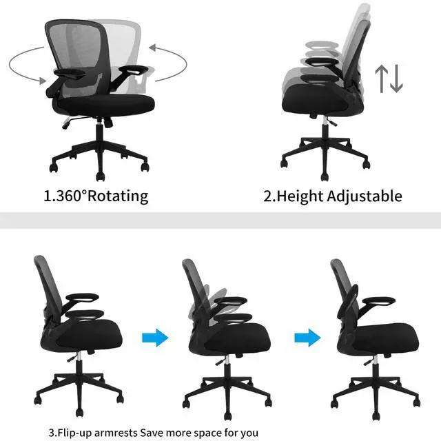 Alt view image 6 of 6 - Ergonomic Office Chair Mid-Back Desk Chair Mesh Computer Chair with Lumbar Support and Flip-up Armrests Adjustable Height Swivel Task Chair for Home Office, Black