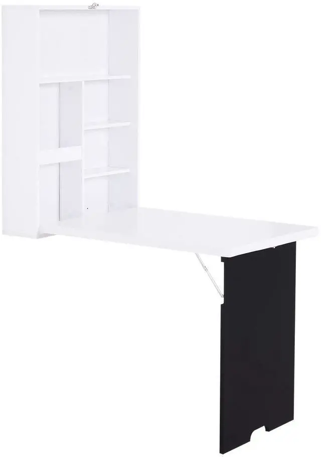 Main image of Wall Mounted Foldable Desk with a Blackboard, Fold Out Convertible Floating Desk with Shelves, 23.5" x 34.75"x 57.75", White