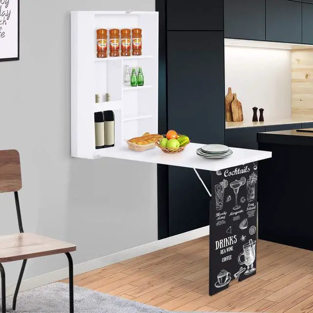 Alt view image 2 of 6 - Wall Mounted Foldable Desk with a Blackboard, Fold Out Convertible Floating Desk with Shelves, 23.5" x 34.75"x 57.75", White