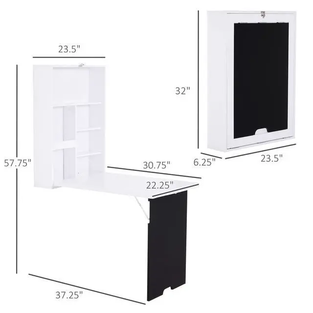Alt view image 3 of 6 - Wall Mounted Foldable Desk with a Blackboard, Fold Out Convertible Floating Desk with Shelves, 23.5" x 34.75"x 57.75", White