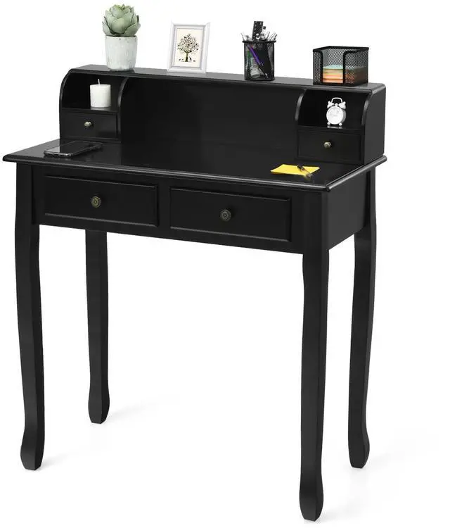 Main image of Writing Desk with 4 Drawers, Removable Floating Organizer 2-Tier Mission Home Computer Vanity Desk for Apartment Small Space (Black)