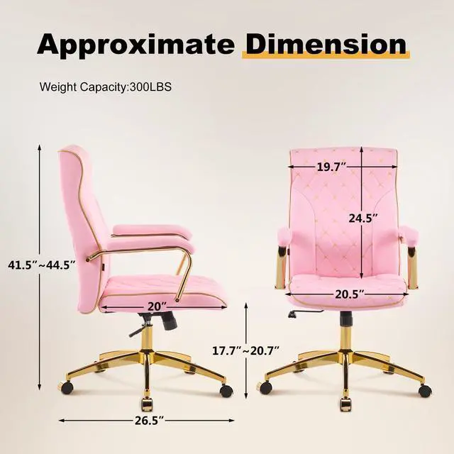Alt view image 2 of 6 - Pink and Gold Office Chair, Leather Office Chairs, Adjustable Vanity Chair with Golden Legs and Padded Armrest, Modern Upholstered Computer Chair with Wheels,Pink