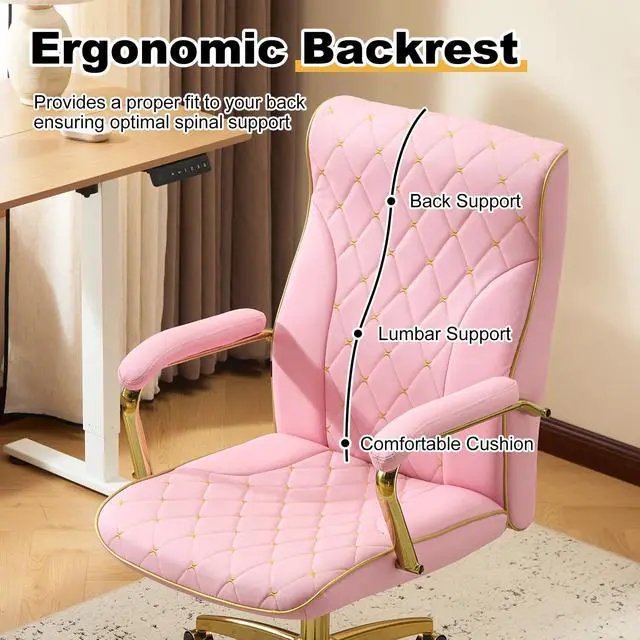 Alt view image 3 of 6 - Pink and Gold Office Chair, Leather Office Chairs, Adjustable Vanity Chair with Golden Legs and Padded Armrest, Modern Upholstered Computer Chair with Wheels,Pink