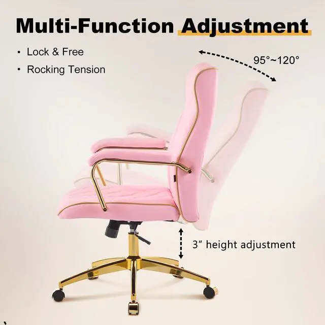 Alt view image 4 of 6 - Pink and Gold Office Chair, Leather Office Chairs, Adjustable Vanity Chair with Golden Legs and Padded Armrest, Modern Upholstered Computer Chair with Wheels,Pink