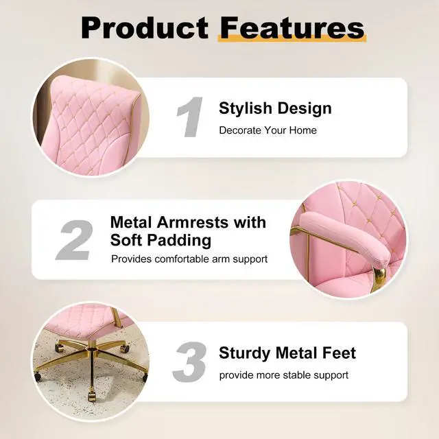 Alt view image 6 of 6 - Pink and Gold Office Chair, Leather Office Chairs, Adjustable Vanity Chair with Golden Legs and Padded Armrest, Modern Upholstered Computer Chair with Wheels,Pink