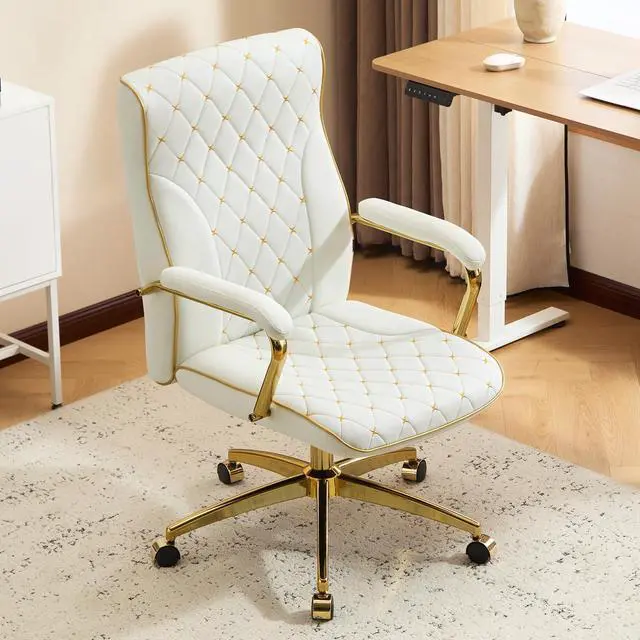 Main image of White and Gold Office Chair, Leather Office Chairs, Adjustable Vanity Chair with Golden Legs and Padded Armrest, Modern Upholstered Computer Chair with Wheels,White