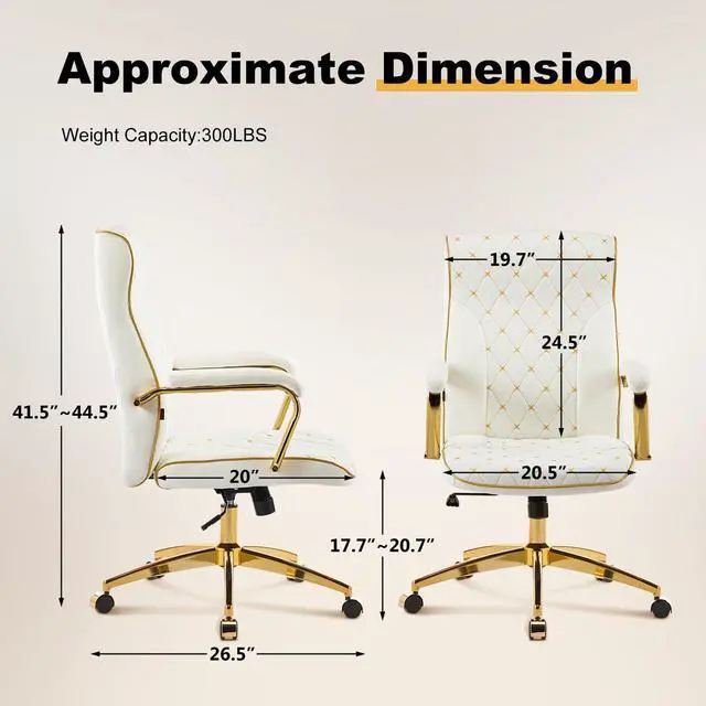 Alt view image 2 of 6 - White and Gold Office Chair, Leather Office Chairs, Adjustable Vanity Chair with Golden Legs and Padded Armrest, Modern Upholstered Computer Chair with Wheels,White