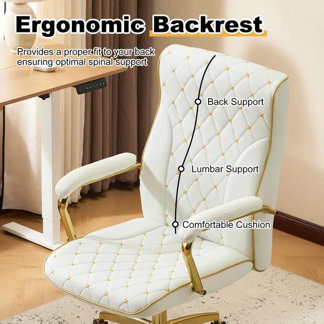 Alt view image 3 of 6 - White and Gold Office Chair, Leather Office Chairs, Adjustable Vanity Chair with Golden Legs and Padded Armrest, Modern Upholstered Computer Chair with Wheels,White