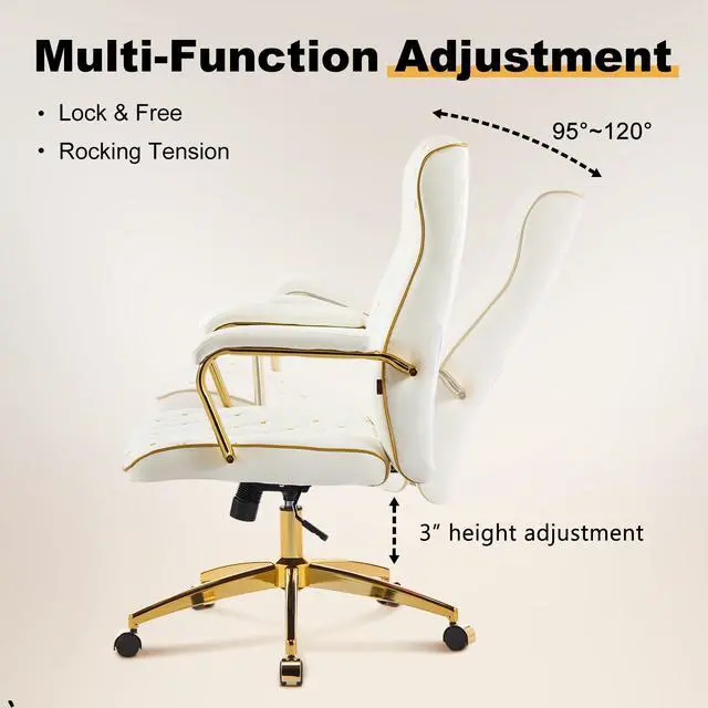 Alt view image 4 of 6 - White and Gold Office Chair, Leather Office Chairs, Adjustable Vanity Chair with Golden Legs and Padded Armrest, Modern Upholstered Computer Chair with Wheels,White