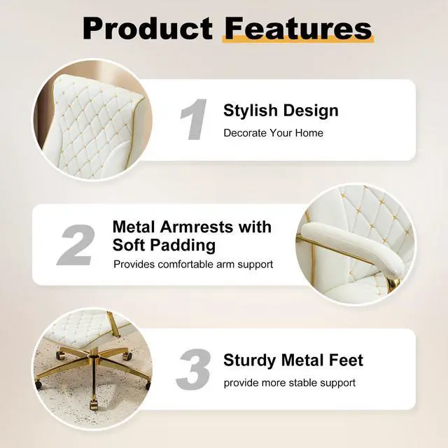 Alt view image 6 of 6 - White and Gold Office Chair, Leather Office Chairs, Adjustable Vanity Chair with Golden Legs and Padded Armrest, Modern Upholstered Computer Chair with Wheels,White