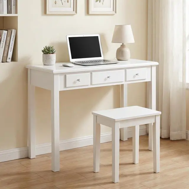 Alt view image 2 of 6 - 35" Small White Writing Desk with Drawers, Wood Vanity Table No Mirror | Small Makeup Desk Without Mirror, Adult/Student Writing Desk with Drawers for Bedroom, Home Office, Study