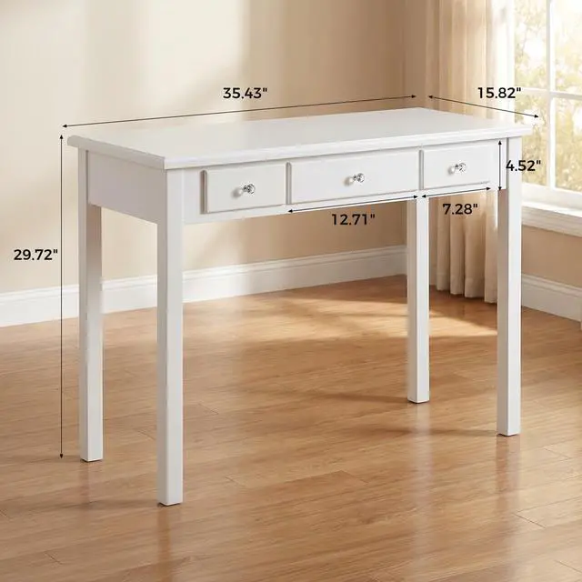 Alt view image 3 of 6 - 35" Small White Writing Desk with Drawers, Wood Vanity Table No Mirror | Small Makeup Desk Without Mirror, Adult/Student Writing Desk with Drawers for Bedroom, Home Office, Study