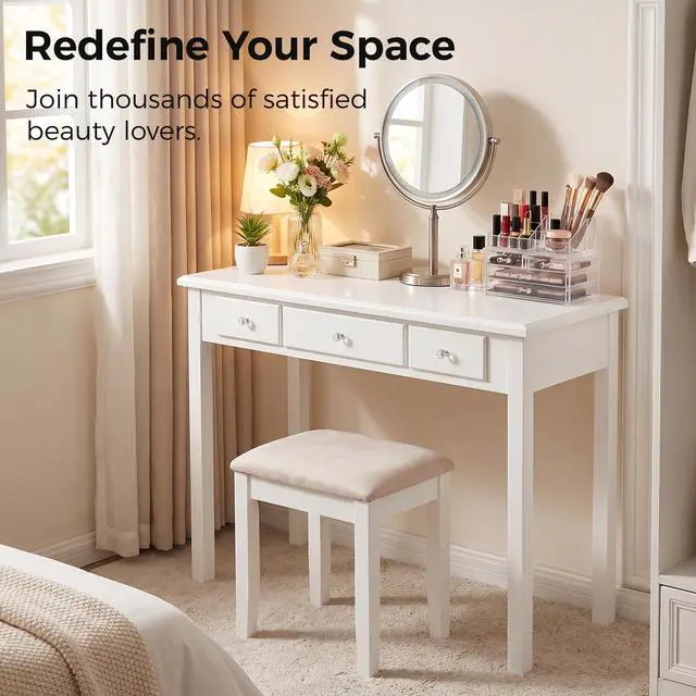 Alt view image 4 of 6 - 35" Small White Writing Desk with Drawers, Wood Vanity Table No Mirror | Small Makeup Desk Without Mirror, Adult/Student Writing Desk with Drawers for Bedroom, Home Office, Study