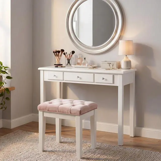 Alt view image 6 of 6 - 35" Small White Writing Desk with Drawers, Wood Vanity Table No Mirror | Small Makeup Desk Without Mirror, Adult/Student Writing Desk with Drawers for Bedroom, Home Office, Study