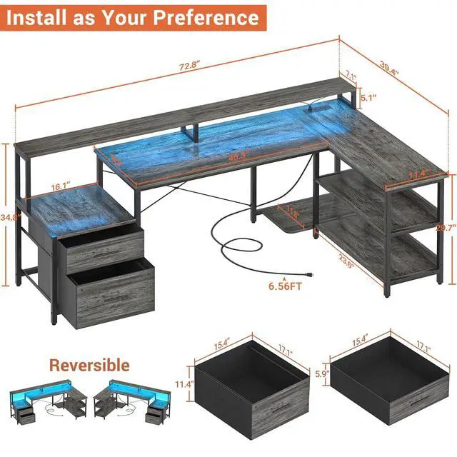Alt view image 2 of 6 - L Shaped Desk with Power Outlet, Reversible L Shaped Computer Desk with File Drawer & Monitor Stand, Gaming Desks with LED Strip, Home Office Desks with Storage Shelf, Grey Oak