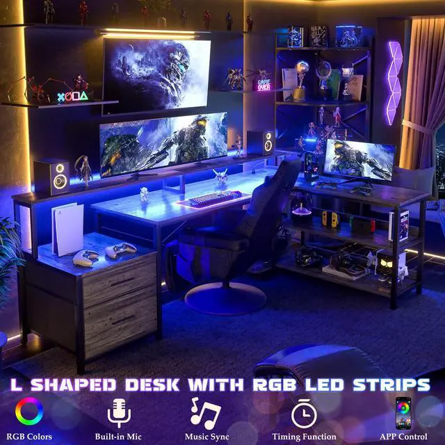 Alt view image 3 of 6 - L Shaped Desk with Power Outlet, Reversible L Shaped Computer Desk with File Drawer & Monitor Stand, Gaming Desks with LED Strip, Home Office Desks with Storage Shelf, Grey Oak