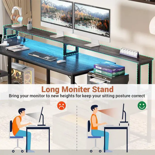 Alt view image 4 of 6 - L Shaped Desk with Power Outlet, Reversible L Shaped Computer Desk with File Drawer & Monitor Stand, Gaming Desks with LED Strip, Home Office Desks with Storage Shelf, Grey Oak