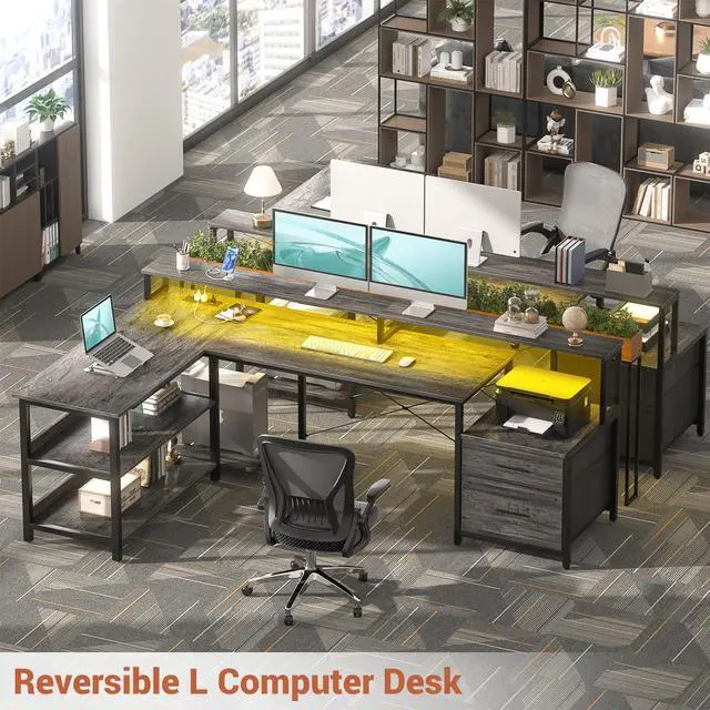 Alt view image 6 of 6 - L Shaped Desk with Power Outlet, Reversible L Shaped Computer Desk with File Drawer & Monitor Stand, Gaming Desks with LED Strip, Home Office Desks with Storage Shelf, Grey Oak
