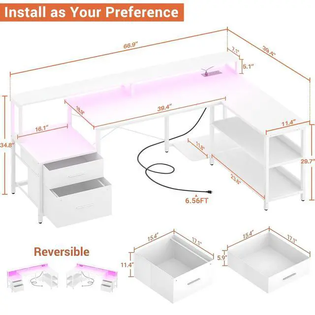 Alt view image 2 of 6 - L Shaped Desk with Power Outlet, Reversible L Shaped Computer Desk with File Drawer & Monitor Stand, Gaming Desks with LED Strip, Home Office Desk with Storage Shelf, White