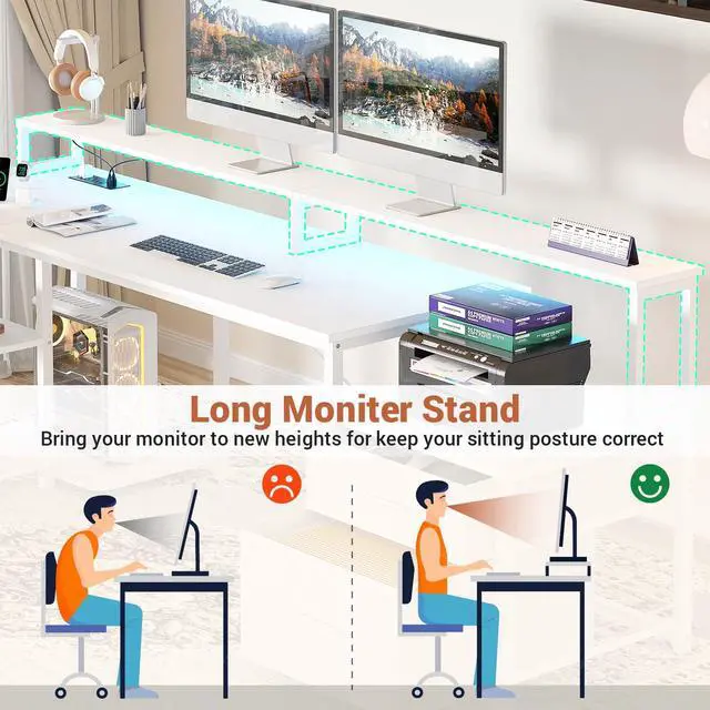 Alt view image 4 of 6 - L Shaped Desk with Power Outlet, Reversible L Shaped Computer Desk with File Drawer & Monitor Stand, Gaming Desks with LED Strip, Home Office Desk with Storage Shelf, White