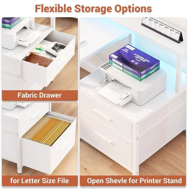 Alt view image 5 of 6 - L Shaped Desk with Power Outlet, Reversible L Shaped Computer Desk with File Drawer & Monitor Stand, Gaming Desks with LED Strip, Home Office Desk with Storage Shelf, White