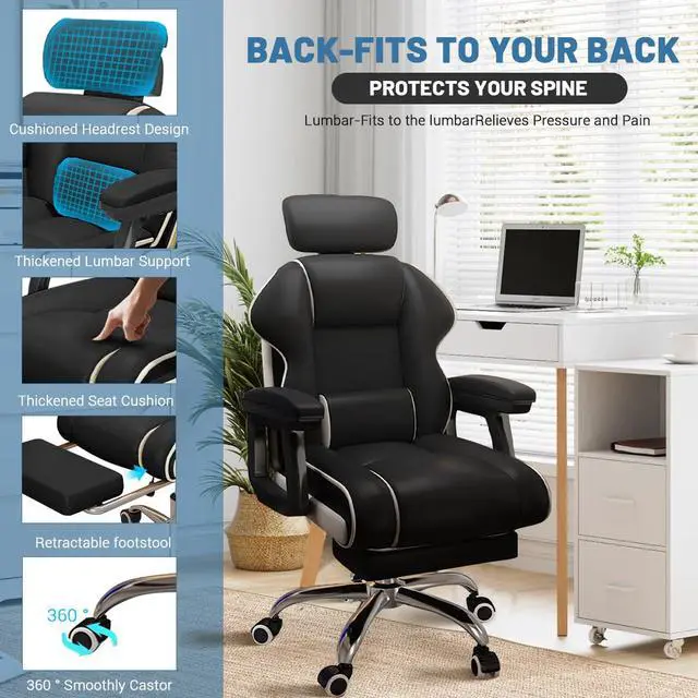 Alt view image 4 of 6 - Executive Computer Chair Home Office Desk Chair,Adjustable Angle, Ergonomic Adjustable Height PU Leather Chairs with Cushions Armrest for Long Time Seating-High Office Chair with Footrest