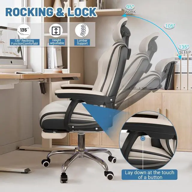 Alt view image 6 of 6 - Executive Computer Chair Home Office Desk Chair,Adjustable Angle, Ergonomic Adjustable Height PU Leather Chairs with Cushions Armrest for Long Time Seating-High Office Chair with Footrest