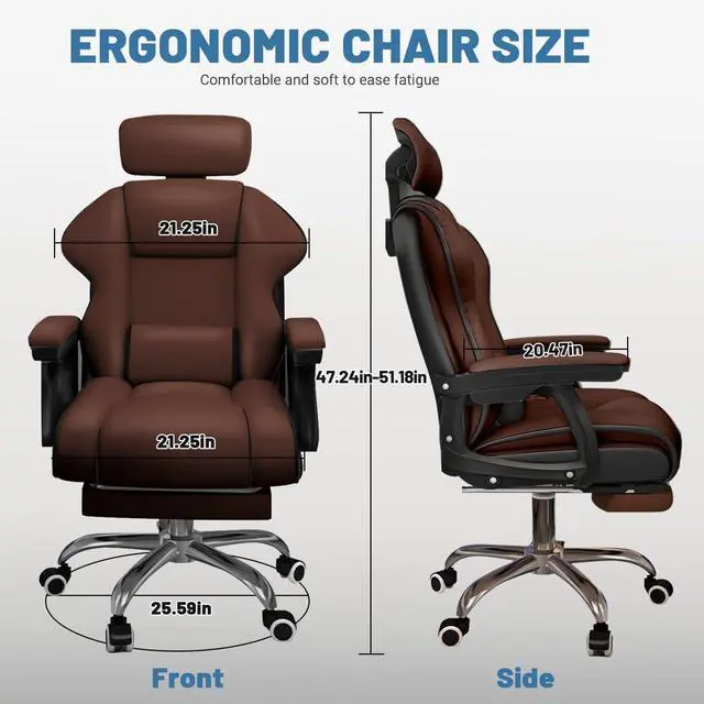 Alt view image 2 of 6 - Executive Computer Chair Home Office Desk Chair,Adjustable Angle, Ergonomic Adjustable Height PU Leather Chairs with Cushions Armrest for Long Time Seating-High Office Chair with Footrest