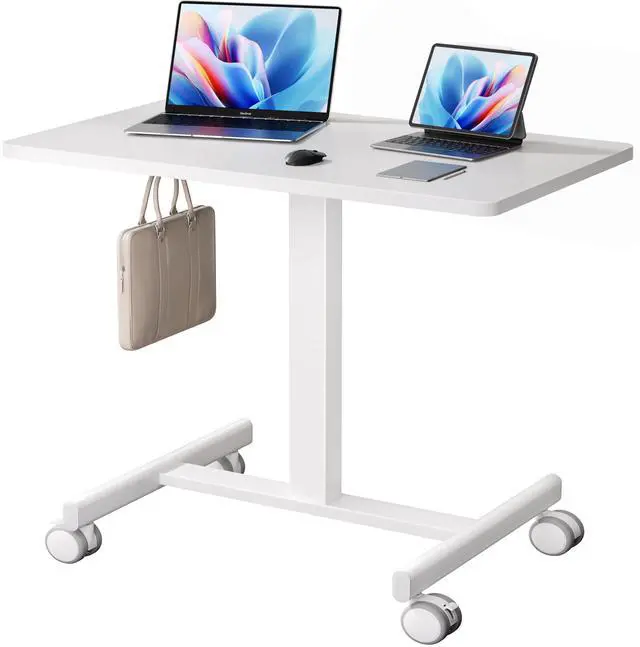 Main image of Mobile Standing Desk, Small Standing Rolling Desk, Portable Laptop Desk with Lockable Wheels, Computer Workstations, Adjustable Height, White