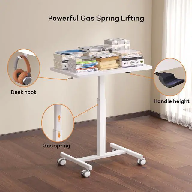 Alt view image 5 of 6 - Mobile Standing Desk, Small Standing Rolling Desk, Portable Laptop Desk with Lockable Wheels, Computer Workstations, Adjustable Height, White