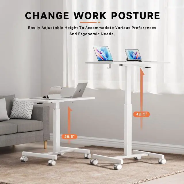 Alt view image 6 of 6 - Mobile Standing Desk, Small Standing Rolling Desk, Portable Laptop Desk with Lockable Wheels, Computer Workstations, Adjustable Height, White
