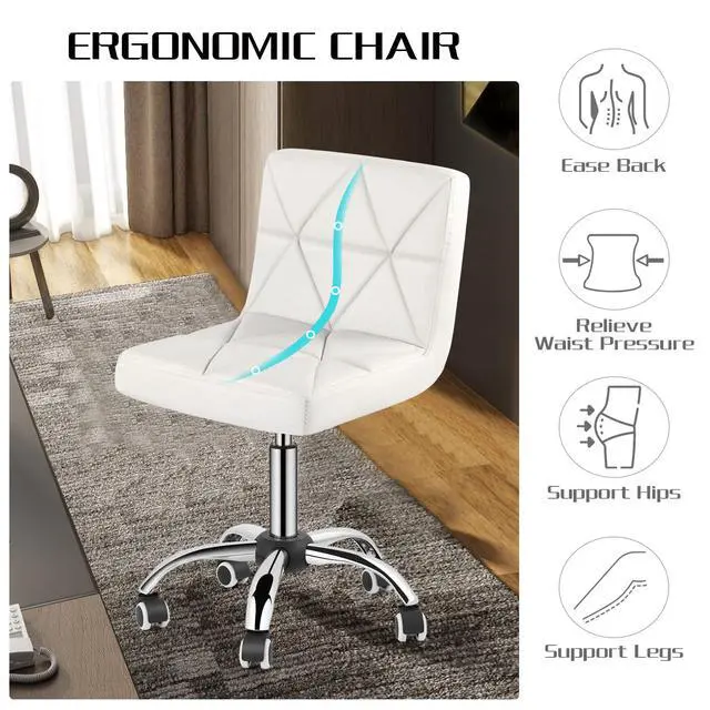 Alt view image 5 of 6 - Armless Desk Chair, Mid Back Swivel Office Chair, Adjustable Executive Conference Task Chair with Rolling Wheels and Diamond Pattern, for Home Computer Barber, White