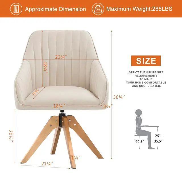 Alt view image 2 of 6 - Mid Century Modern Swivel Accent Chair for Living Room, Wood Desk Chair with Arms Mid Back Arm Chairs Upholstered Vanity Chair No Wheels for Home Office/Bedroom, Faux Linen Beige