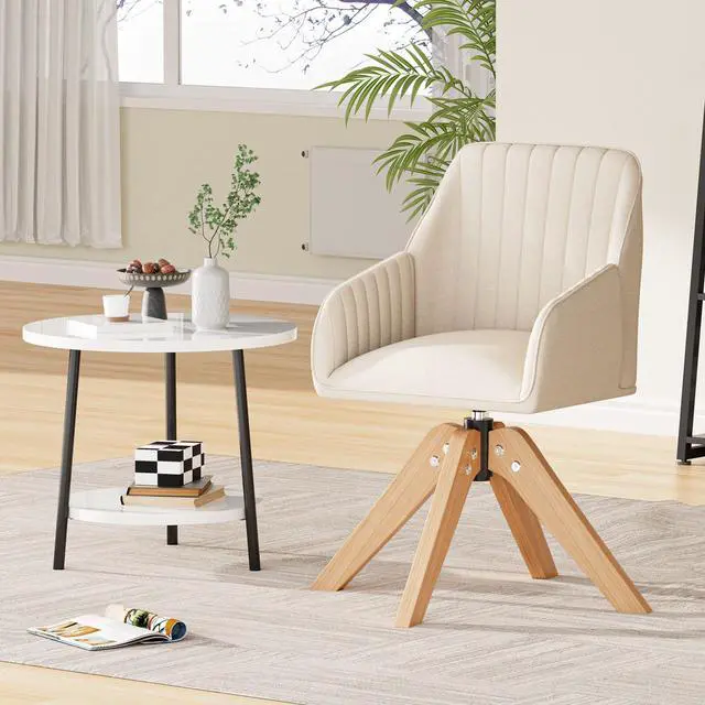 Alt view image 3 of 6 - Mid Century Modern Swivel Accent Chair for Living Room, Wood Desk Chair with Arms Mid Back Arm Chairs Upholstered Vanity Chair No Wheels for Home Office/Bedroom, Faux Linen Beige