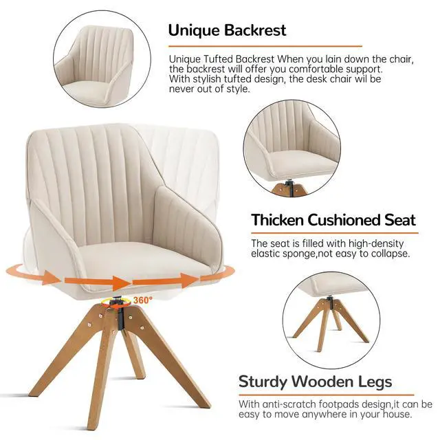 Alt view image 4 of 6 - Mid Century Modern Swivel Accent Chair for Living Room, Wood Desk Chair with Arms Mid Back Arm Chairs Upholstered Vanity Chair No Wheels for Home Office/Bedroom, Faux Linen Beige