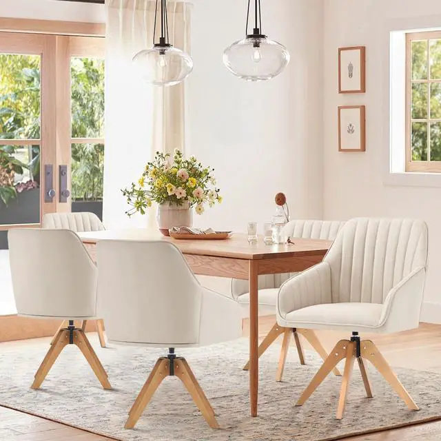 Alt view image 5 of 6 - Mid Century Modern Swivel Accent Chair for Living Room, Wood Desk Chair with Arms Mid Back Arm Chairs Upholstered Vanity Chair No Wheels for Home Office/Bedroom, Faux Linen Beige