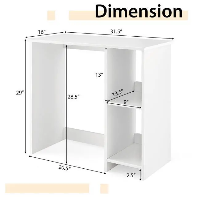 Alt view image 2 of 6 - Small White Desk with Shelves, Compact Desk for Small Space, Study Writing Table with 2 Tier Shelves, Modern Simple Style Laptop PC Table, White