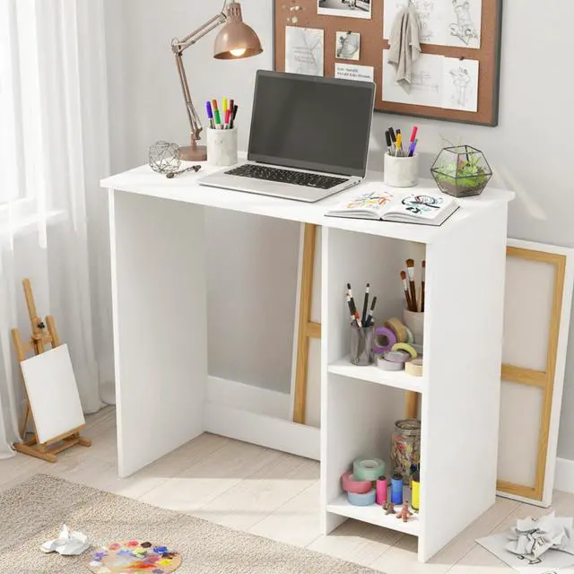 Alt view image 3 of 6 - Small White Desk with Shelves, Compact Desk for Small Space, Study Writing Table with 2 Tier Shelves, Modern Simple Style Laptop PC Table, White