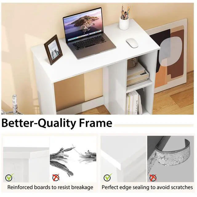 Alt view image 6 of 6 - Small White Desk with Shelves, Compact Desk for Small Space, Study Writing Table with 2 Tier Shelves, Modern Simple Style Laptop PC Table, White