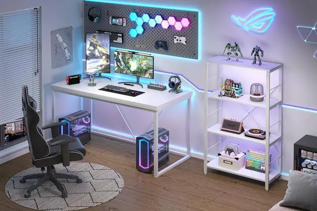 Alt view image 3 of 6 - Home Office Desk, Modern Wood Computer Desk, Wood Study Writing Table, Simple Gaming Executive Desk Workstation for Bedroom Living Room, White, 53 inch