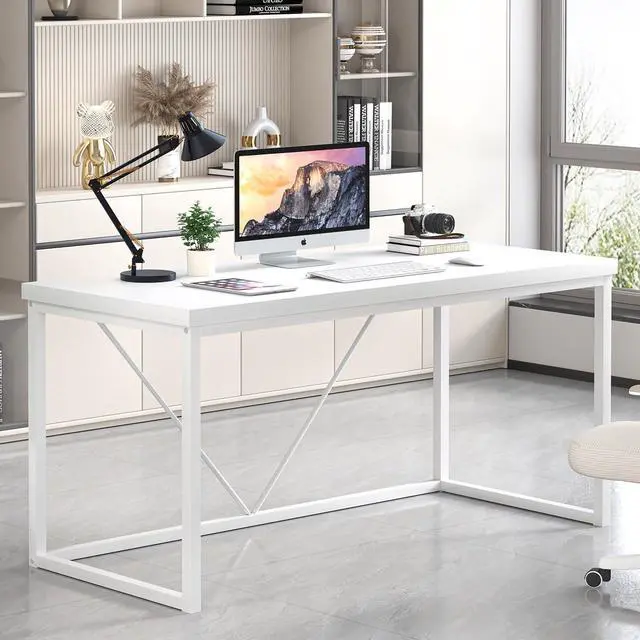 Alt view image 5 of 6 - Home Office Desk, Modern Wood Computer Desk, Wood Study Writing Table, Simple Gaming Executive Desk Workstation for Bedroom Living Room, White, 53 inch