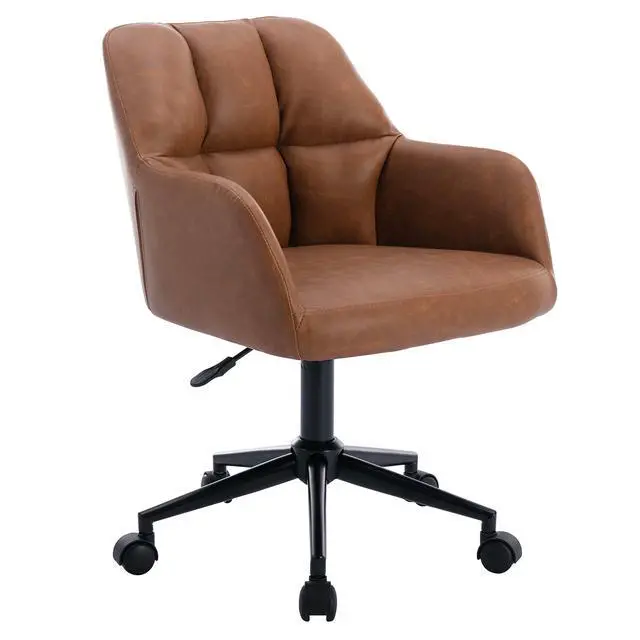 Alt view image 3 of 6 - Modern PU Leather Office Desk Chair with Armrest, Height Adjustable Wide Seat Computer Task Chair for Home Office, Mid Back Accent Chair, Brown